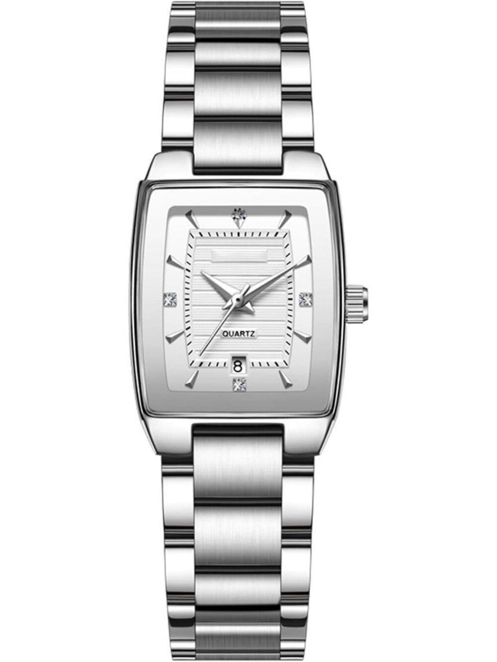 Women's Silver White Square Dial Roman Numeral Stainless Steel Band Quartz Watch